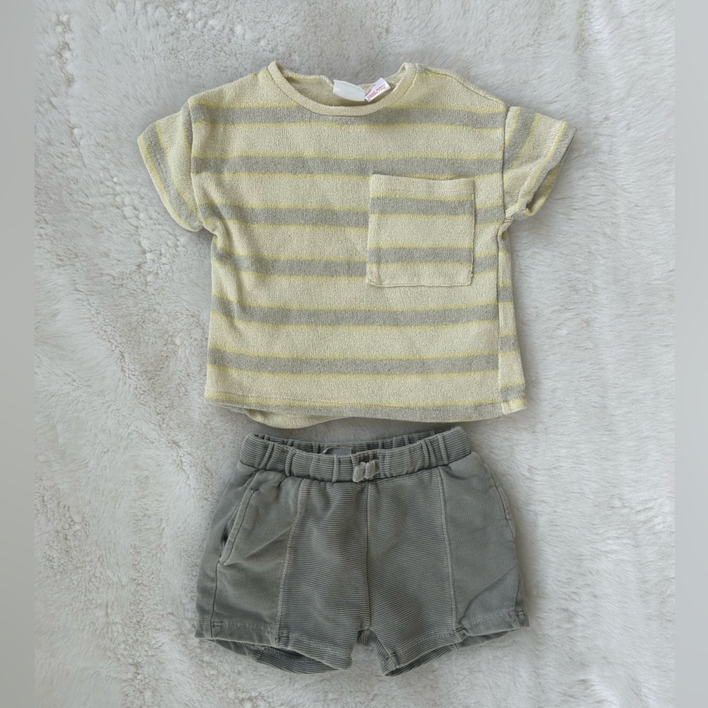 Zara Yellow Stripe Top with Gray Shorts Kids Matching Set